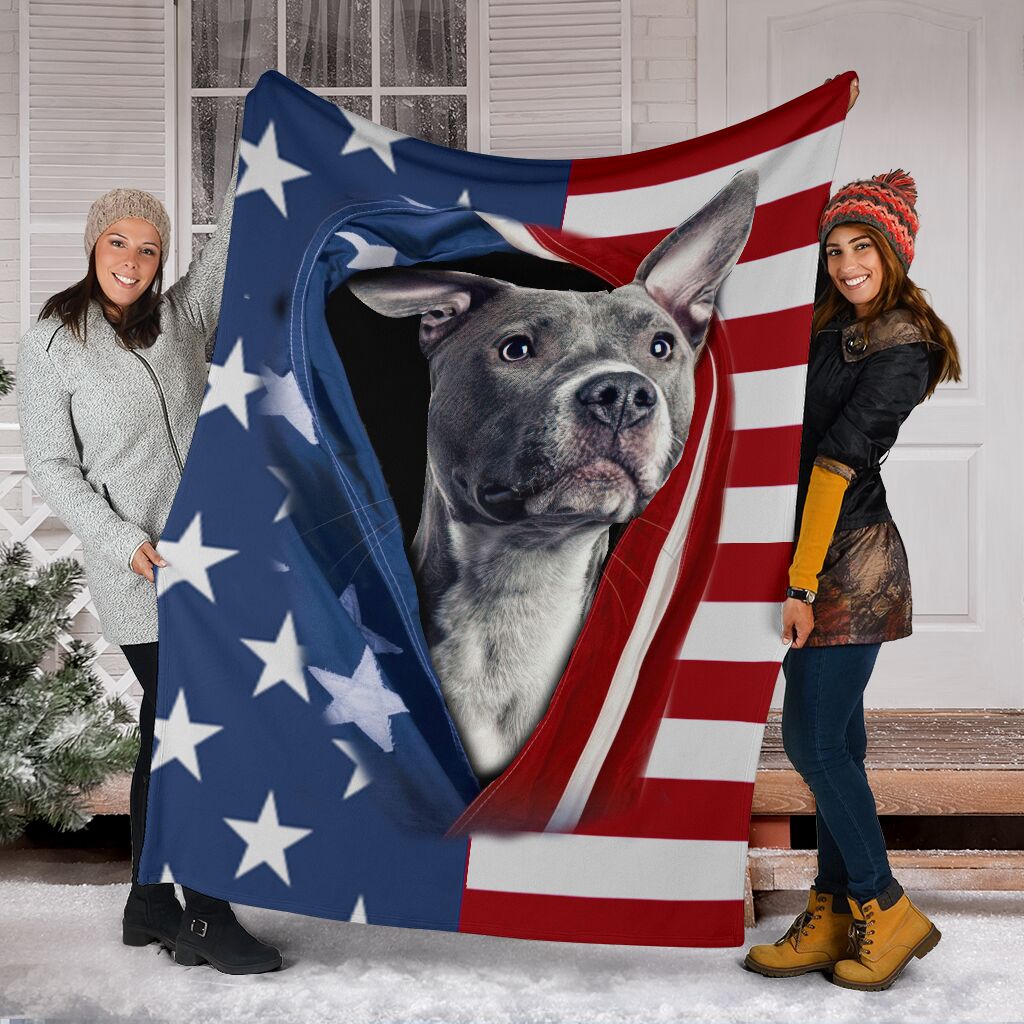 Pitbull Opened American Flag Flannel Blanket For Bedroom Couch And Daily Comfort