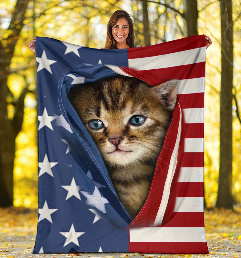 Cat Kitten Opened American Flag Flannel Blanket For Cozy Home Lounging And Gifting