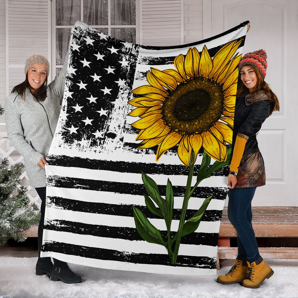 Sunflower American Flag Flannel Blanket For Bedroom Couch And Daily Comfort