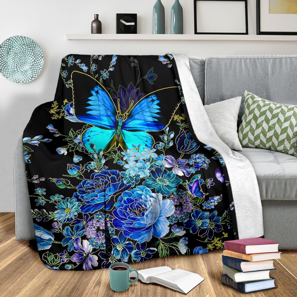 Butterfly With Blue Flowers Flannel Blanket For Relaxing At Home And Travel