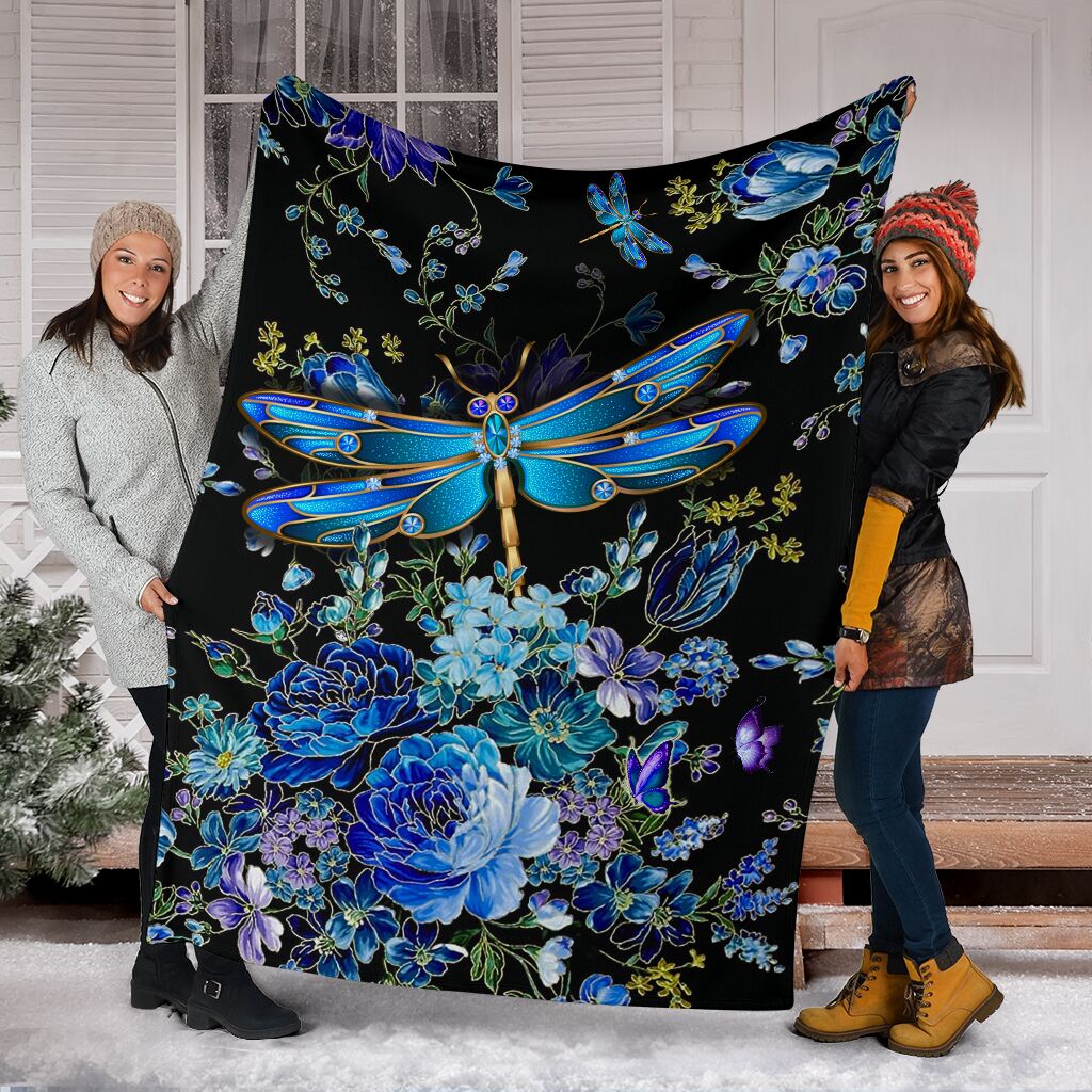 Dragonfly Blue Floral Flannel Blanket For Bedroom Couch And Daily Comfort