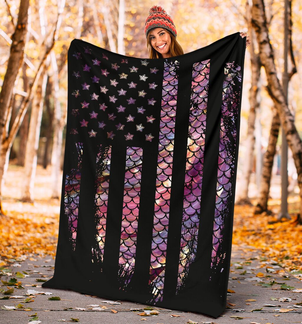 Mermaid Scales American Flag Flannel Blanket For Bed Sofa And Reading Nook Decor