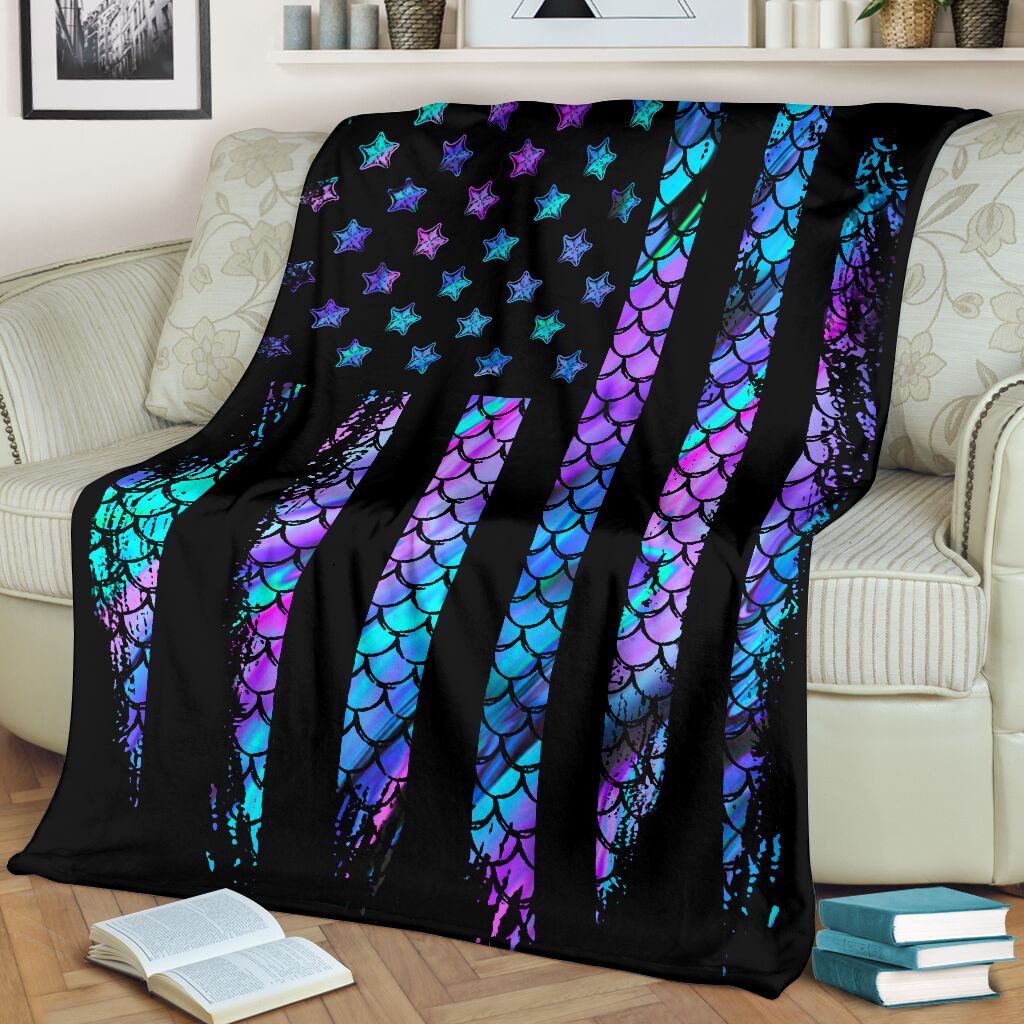 Mermaid American Flag Flannel Blanket For Living Room And Bedroom Styling