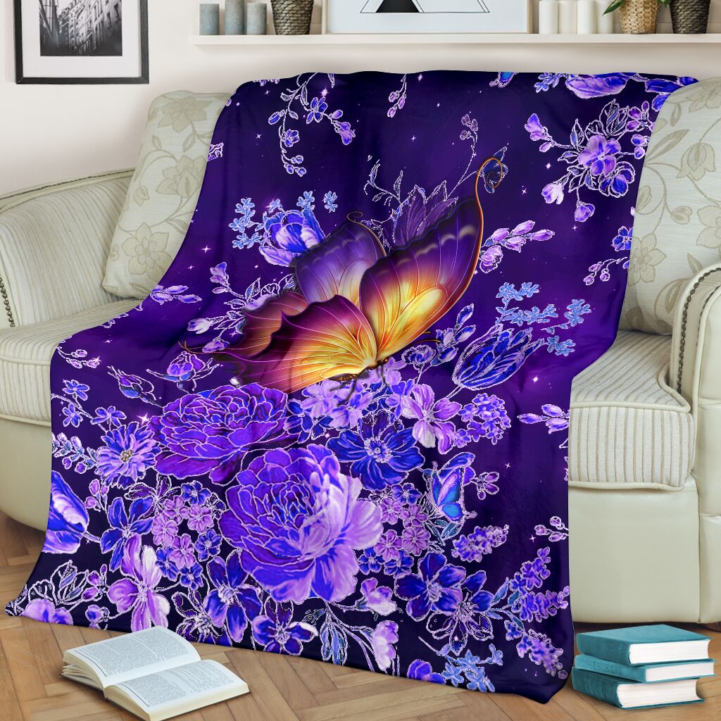 Butterfly With Purple Flowers Flannel Blanket For Living Room And Bedroom Styling