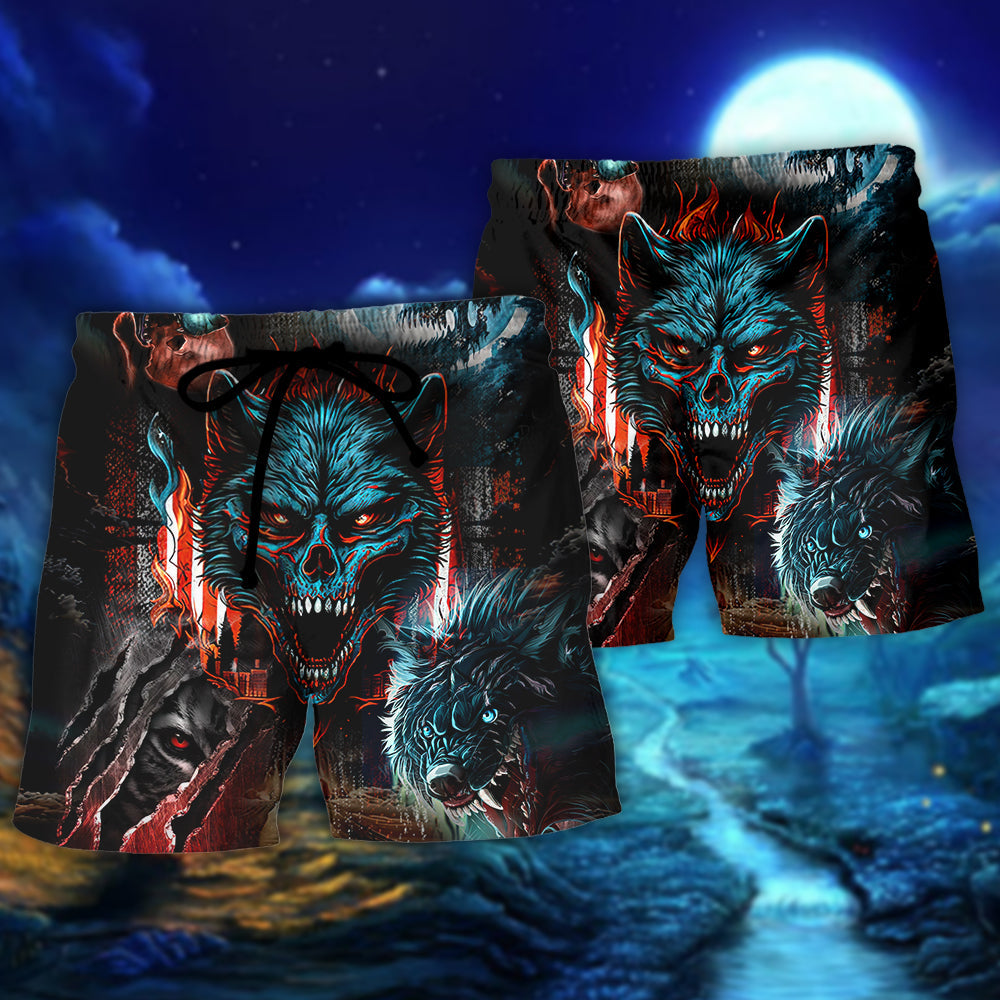 Wolf Skull Graphic With Strong Lone Warrior Attitude – Beach Short