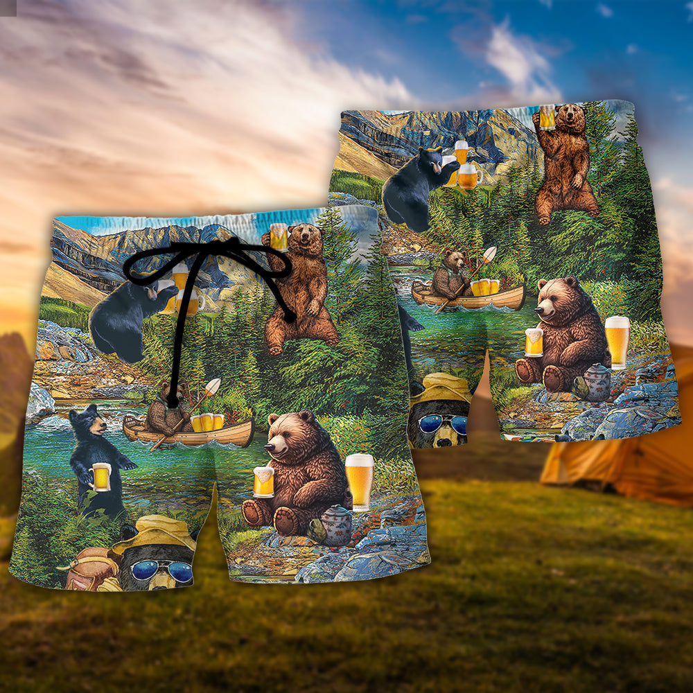 Camping Bear Drinking Camping And Beer Funny Why I’m Here - Beach Short