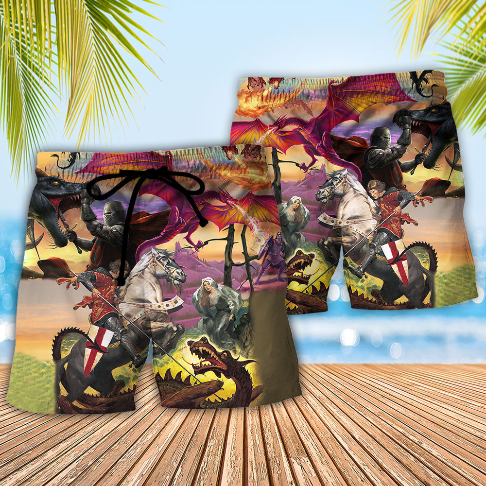 Dragon Battles Knight Fantasy Art - Beach Short