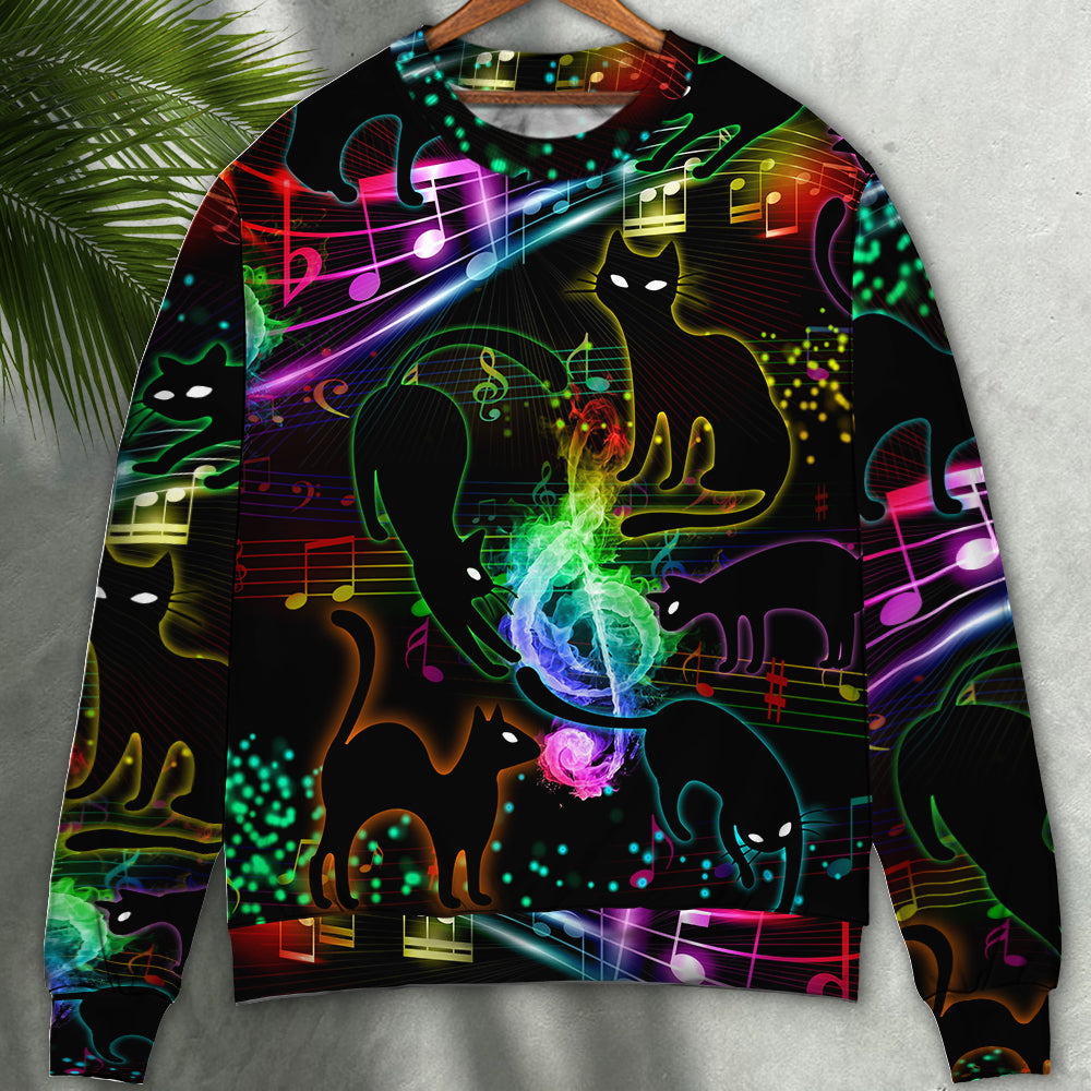 Black Cat Magical Light Music Notes – Sweater - Ugly Christmas Sweater