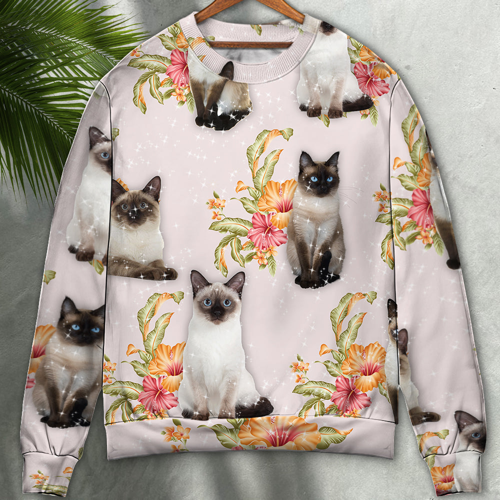 Tropical Floral Siamese Cat Art – Sweater - Ugly Christmas Sweater