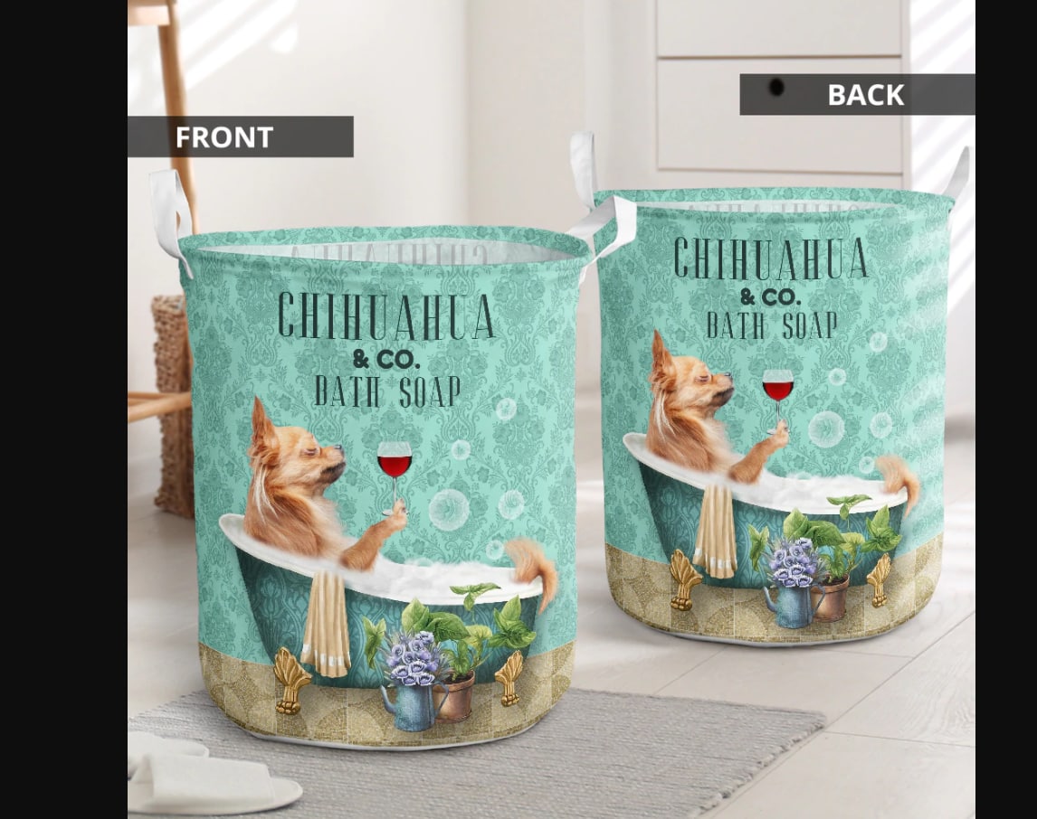 Chihuahua And Bath Soap - Laundry Basket - Owls Matrix LTD