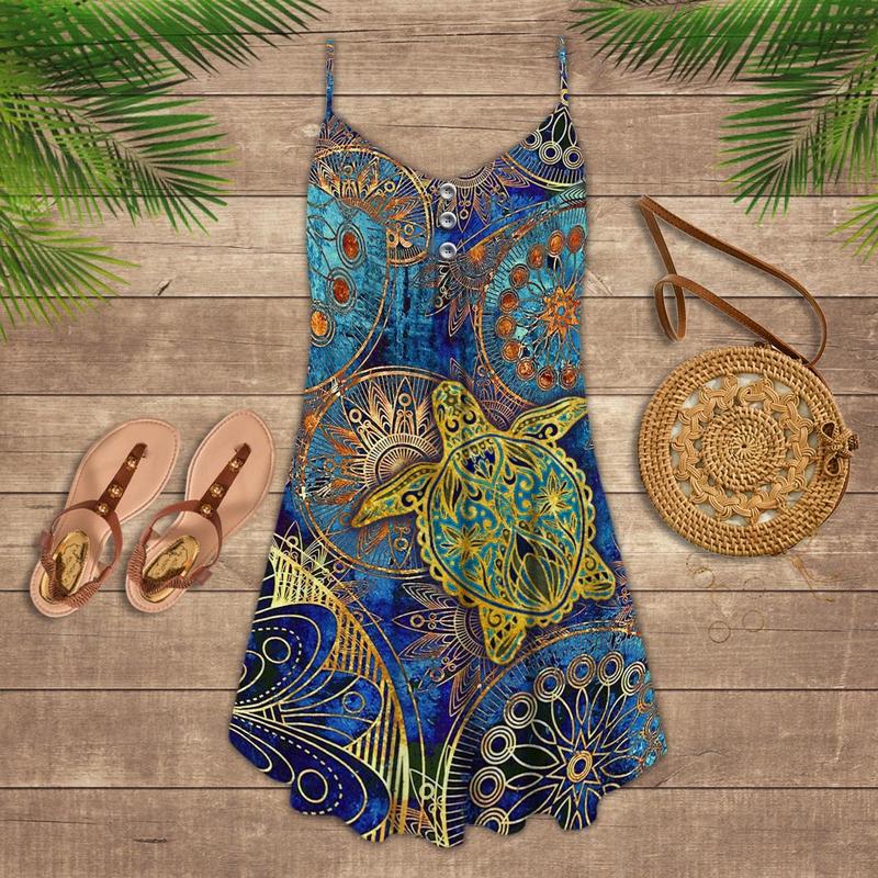 Colorful Turtle Mandala – Women's Summer Sleeveless V-Neck Camisole Dress