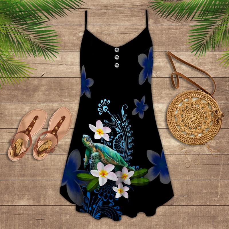 Turtle Flower Love Always – Women's Summer Sleeveless V-Neck Camisole Dress