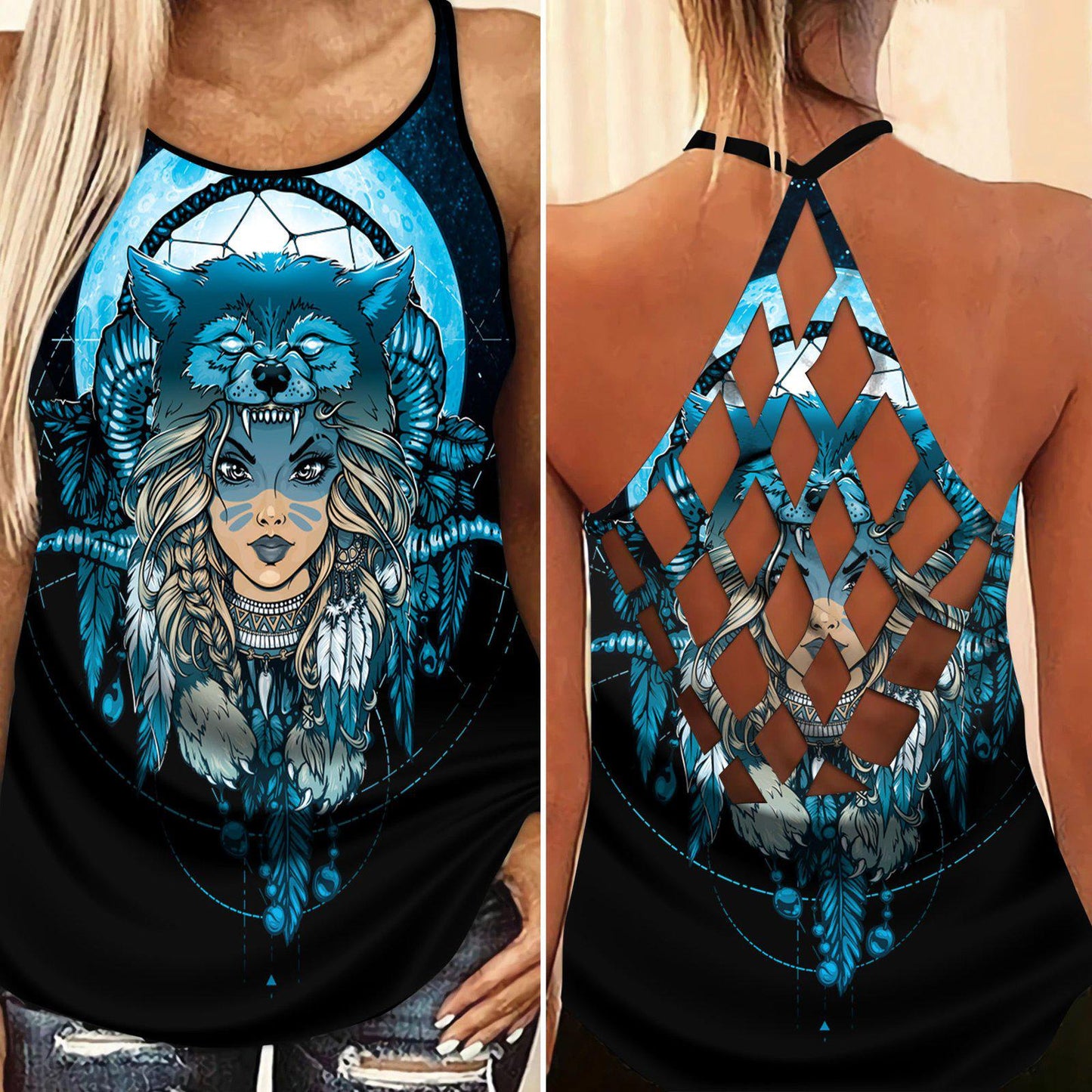 Native Girl Wolf Dreamcatcher Blue – Hollow Tank Top