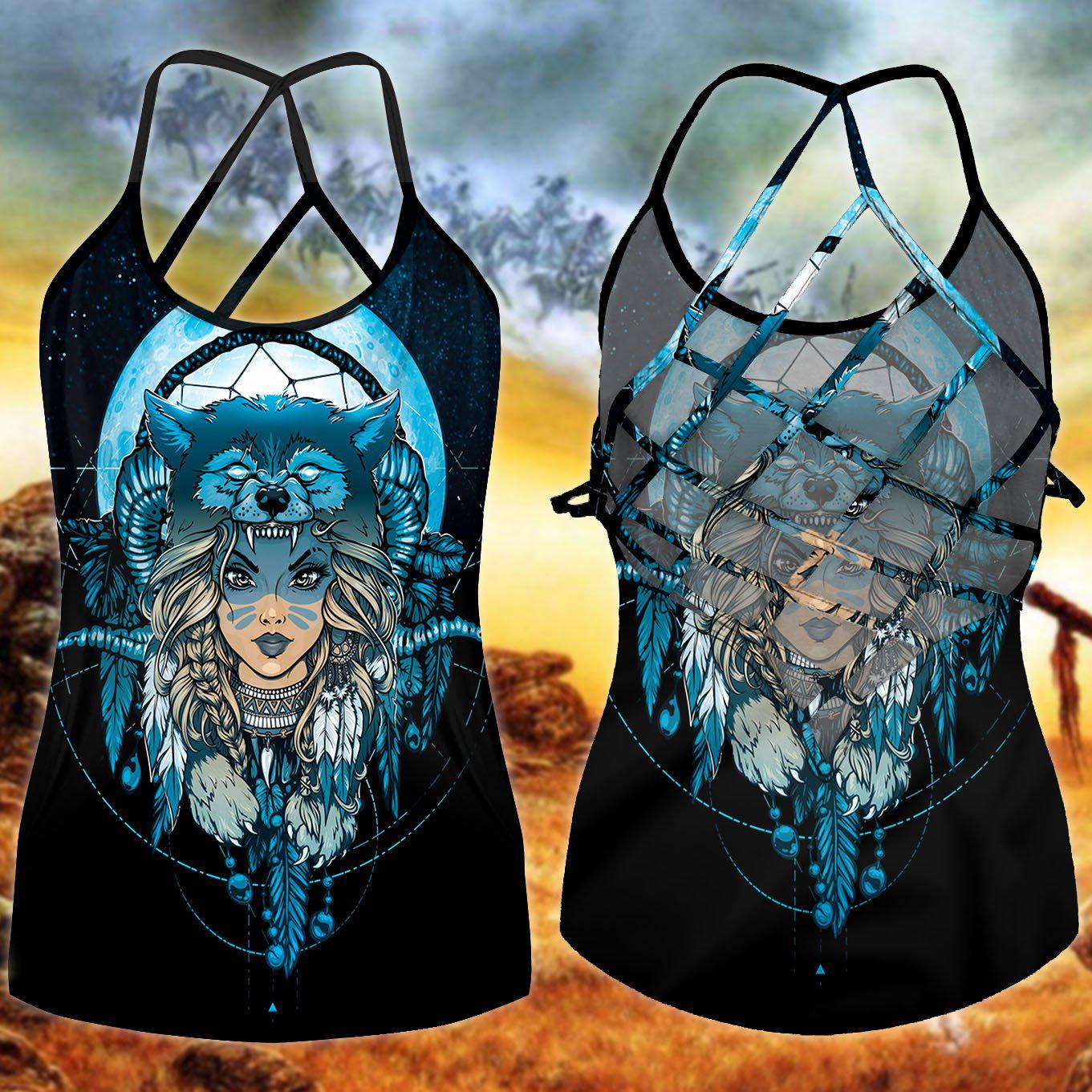 Native Girl Wolf Dreamcatcher Blue – Hollow Tank Top