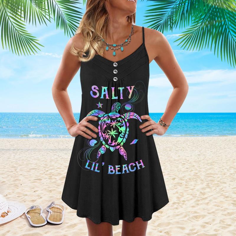 Salty Little Beach Turtle – Women's Summer Sleeveless V-Neck Camisole Dress