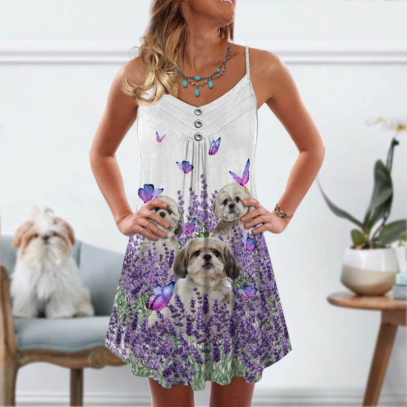 Purple Flower Shih Tzu – Women's Summer Sleeveless V-Neck Camisole Dress