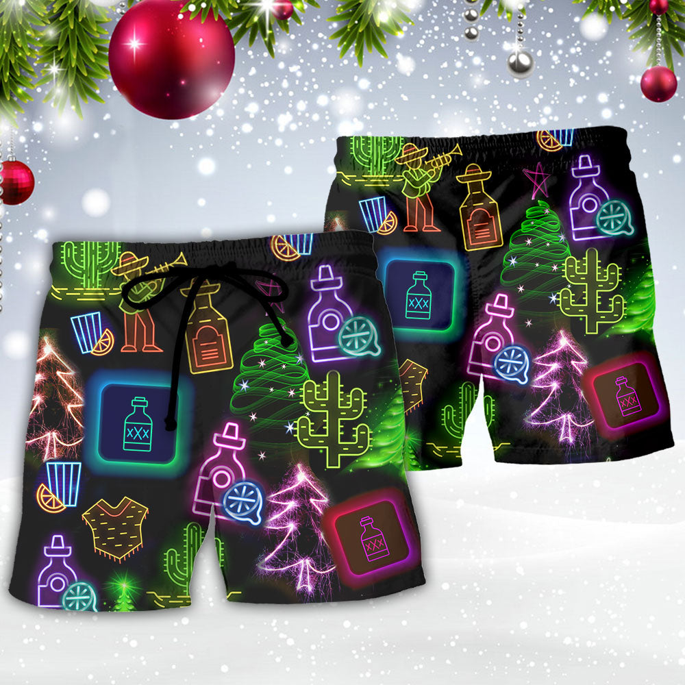 Wine Tequila Christmas Neon Art Drinking - Beach Short - Owls Matrix LTD
