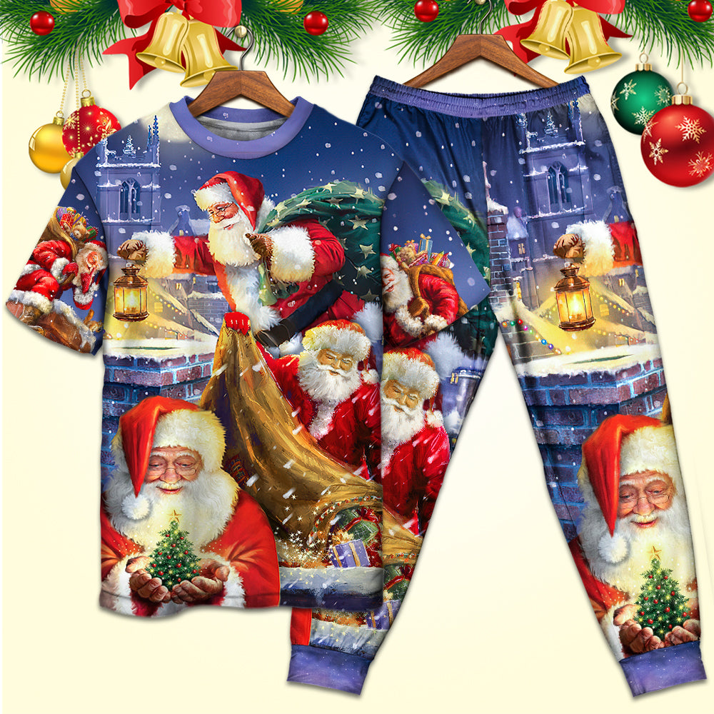 Christmas Funny Santa Claus Up On Rooftop Art Style - Pajamas Short Sleeve - Owls Matrix LTD