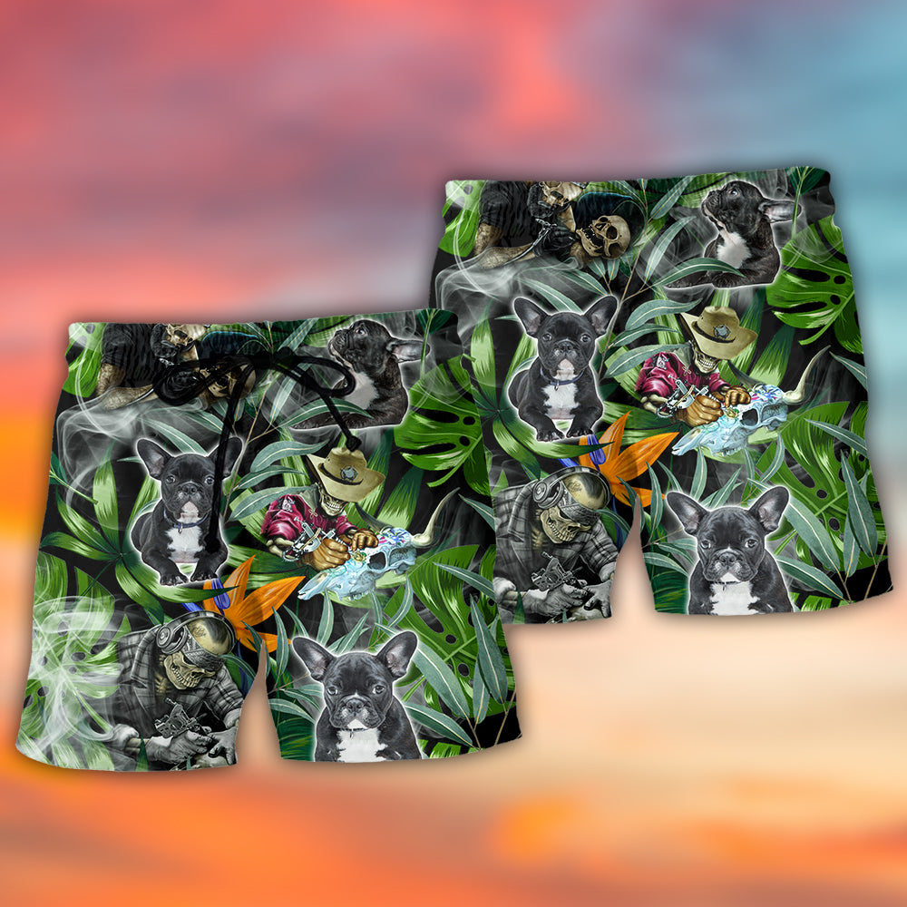Skull And French Bulldog Tatoo Smoke Tropical - Beach Short - Owls Matrix LTD