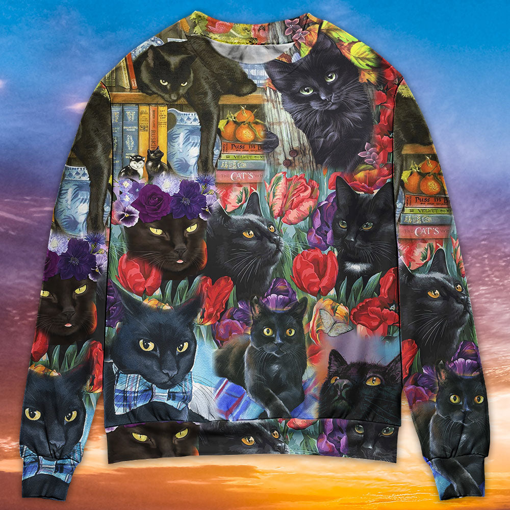 Black Cat Art With Floral Design – Sweater - Ugly Christmas Sweater