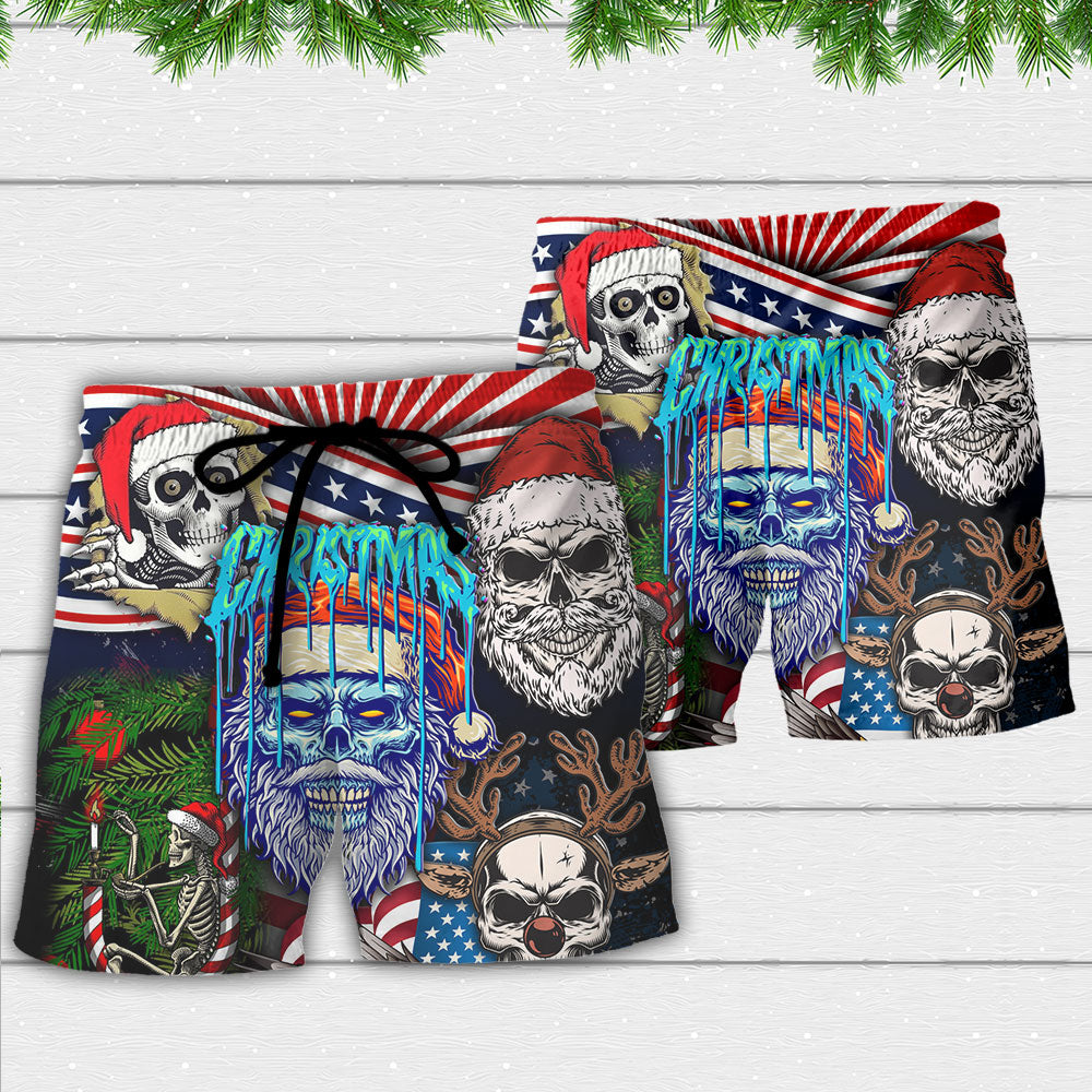Skull Christmas US Flag Skeleton Horror Merry Christmas - Beach Short - Owls Matrix LTD