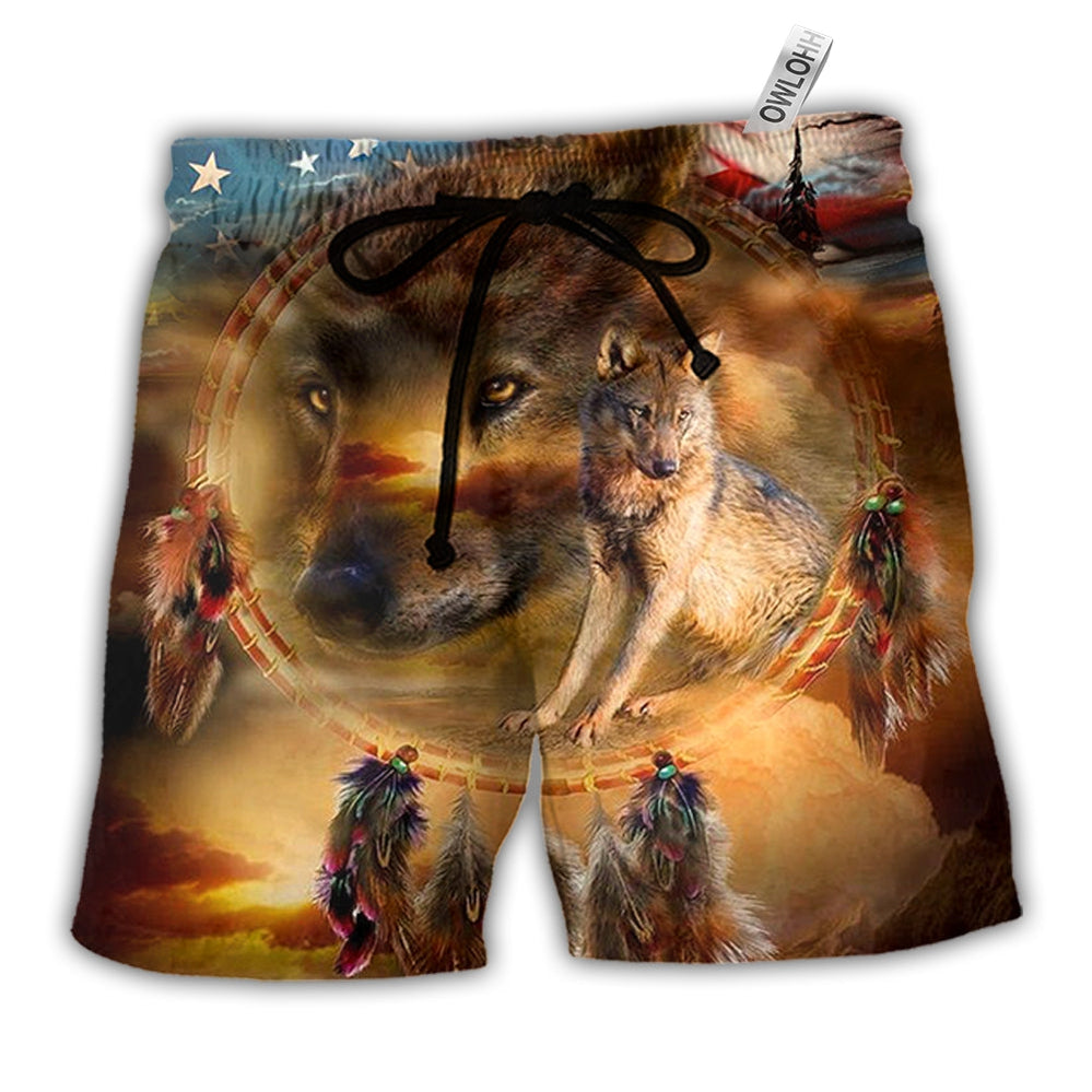 Beach Short / Adults / S Wolf Independence Day Dreamcatcher American Flag - Beach Short - Owls Matrix LTD