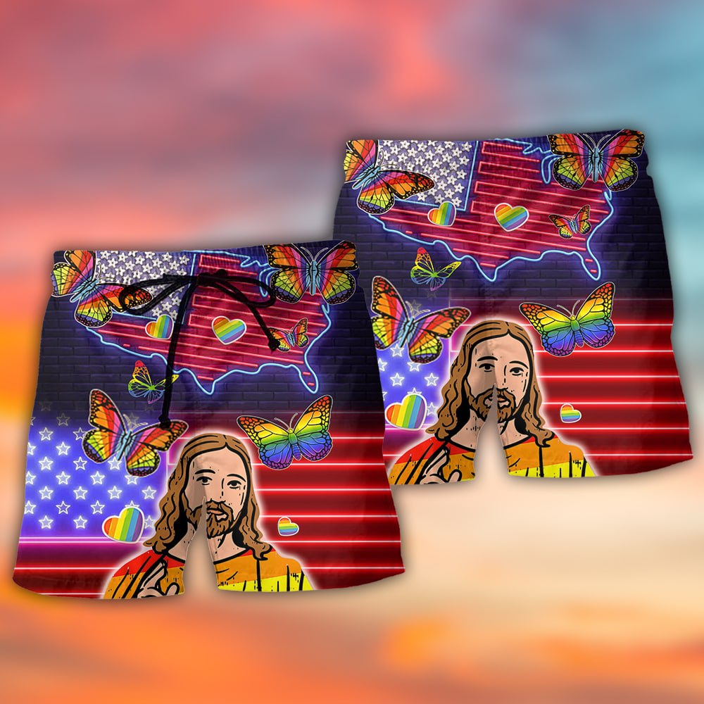 LGBT Independence Day Jesus Butterfly Neon - Beach Short - Owls Matrix LTD