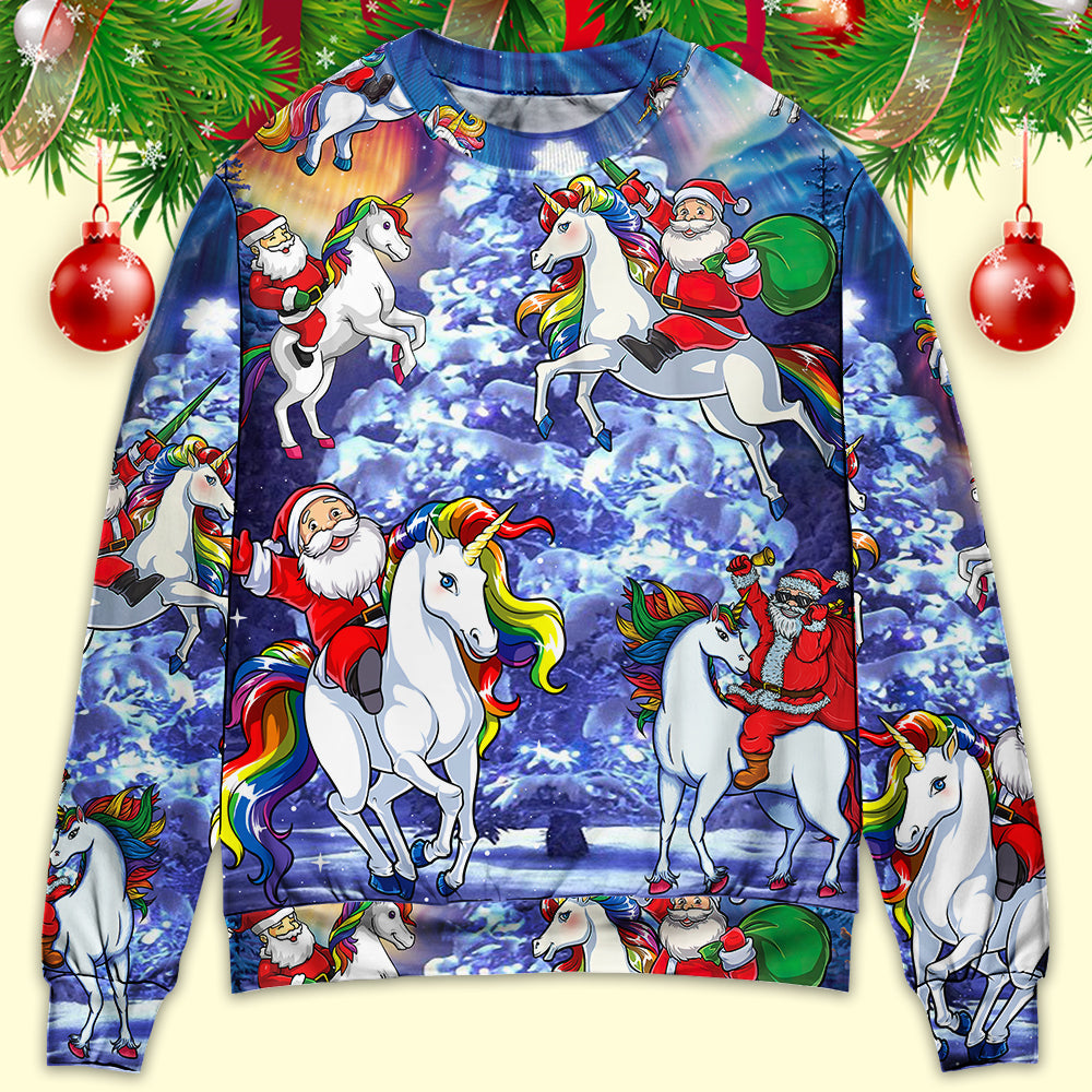 Christmas Santa Riding Unicorn Rainbow Night – Sweater - Ugly Christmas Sweater