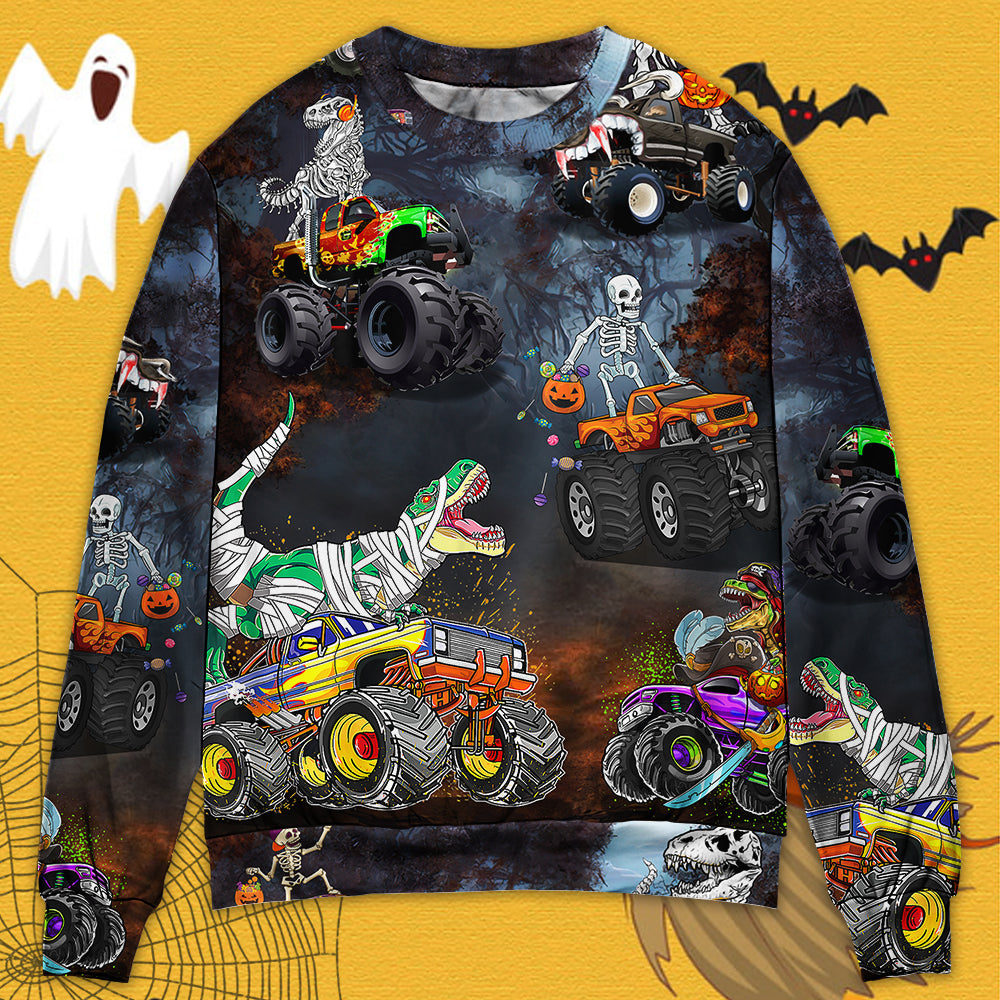Halloween Skeleton Dinosaur Monster Truck Art – Sweater - Ugly Christmas Sweater