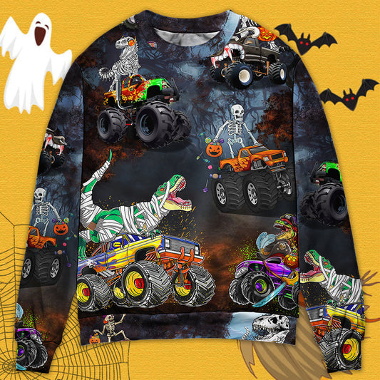 Halloween Skeleton Dinosaur Monster Truck Art – Sweater - Ugly Christmas Sweater