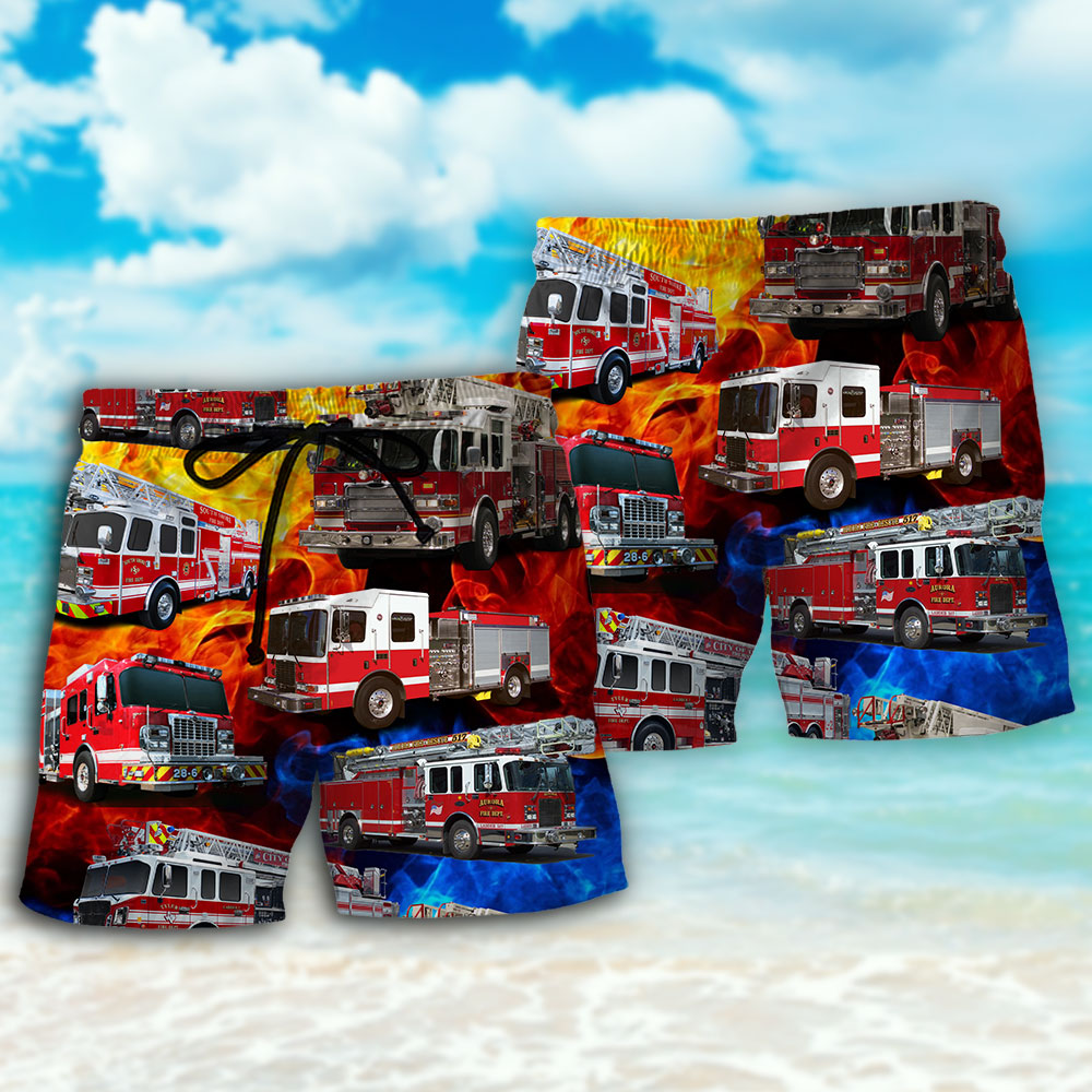Fire Truck Firefighter Life Tribute Art – Beach Short
