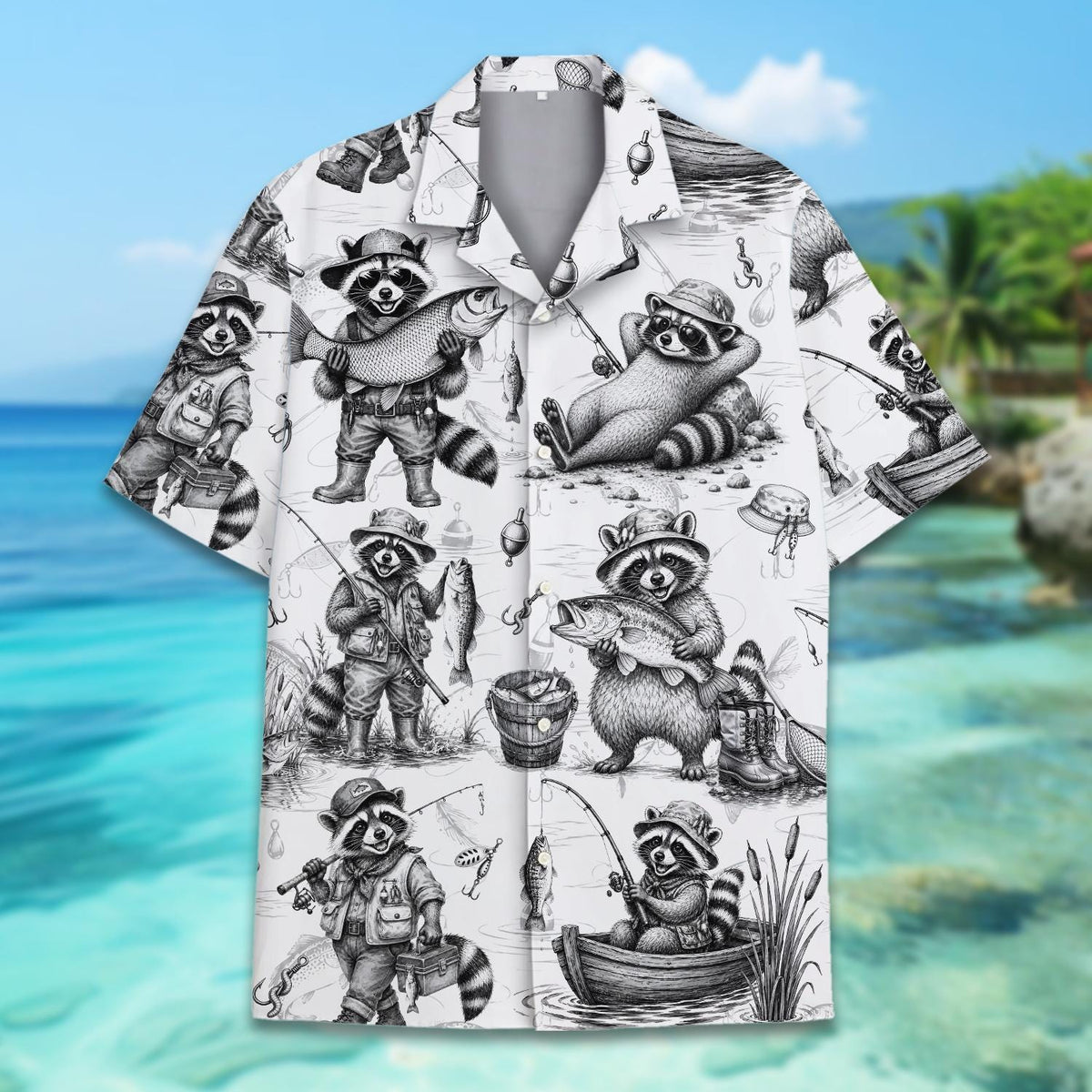 Funny Raccoon Camping Campfire Fishing Adventure – Hawaiian Shirt
