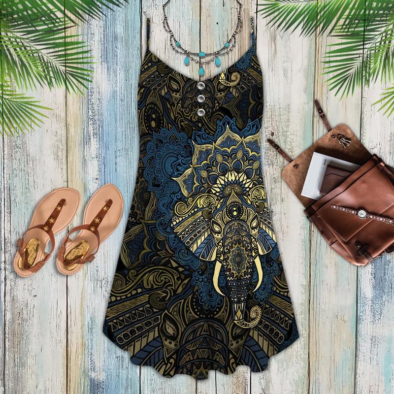 Elephant Mandala Summer Vibes – Women's Summer Sleeveless V-Neck Camisole Dress