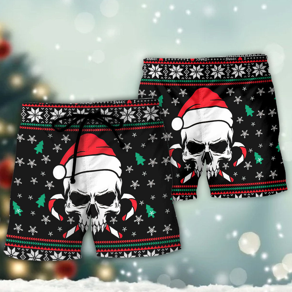 Christmas Skull Wearing Santa Claus Hat And Sweat Candy - Beach Short - BEAS04LIN030922 - Owls Matrix LTD
