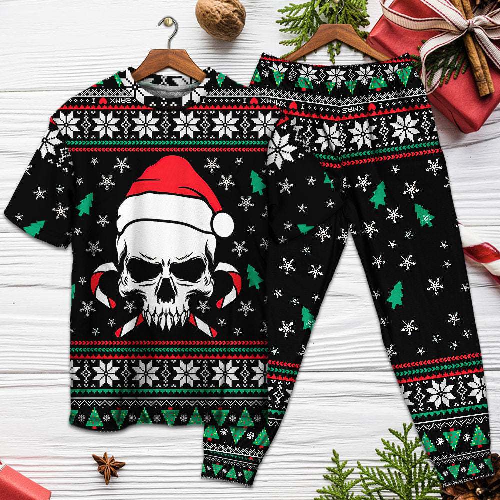 Christmas Skull Wearing Santa Claus Hat And Sweat Candy - Pajamas Short Sleeve - Owls Matrix LTD