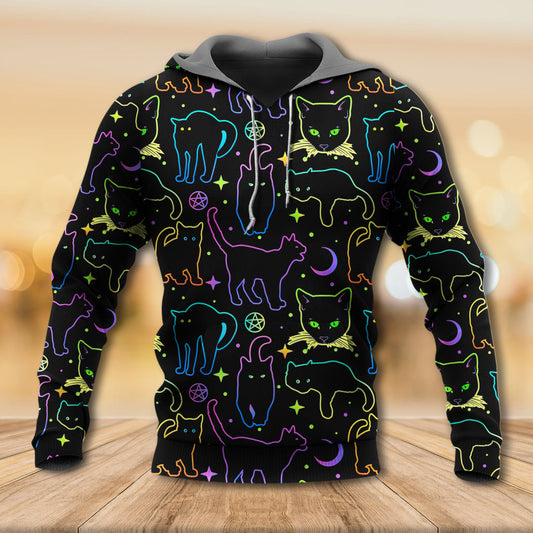 Neon Colorful Cat Playing Kitten Art – 3D Hoodie