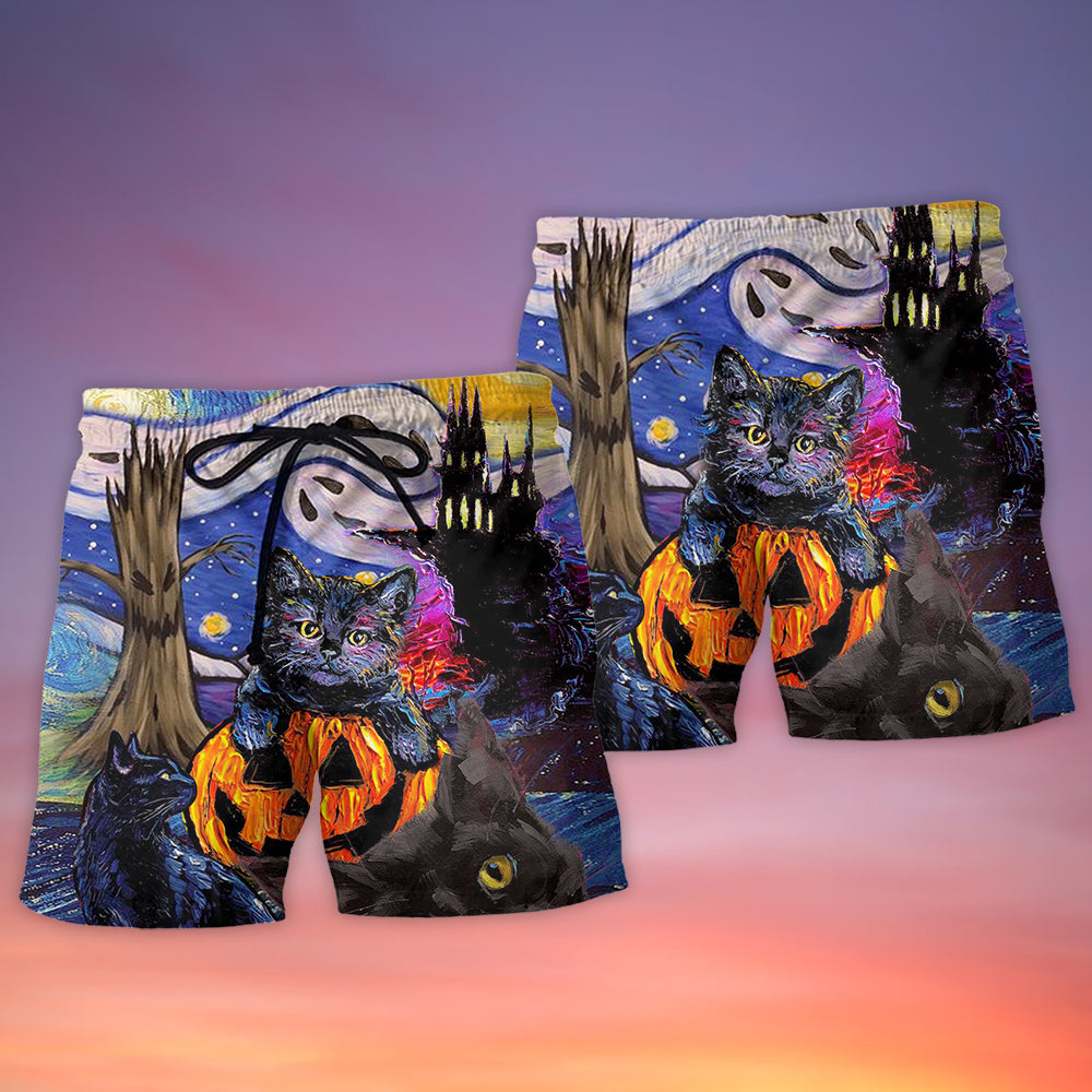 Halloween Black Cat Starry Night Funny Cat Painting Art Style - Beach Short - Owls Matrix LTD