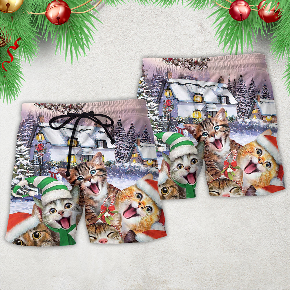 Christmas Cat Love Message Art – Beach Short