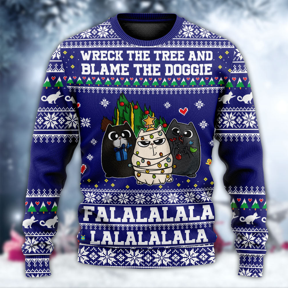 Cat Wrecks Tree Meowy Christmas Style – Sweater - Ugly Christmas Sweater
