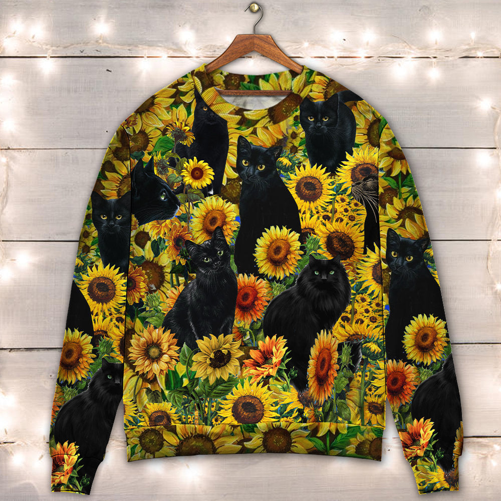 Black Cat Love Sunflower Art – Sweater - Ugly Christmas Sweater