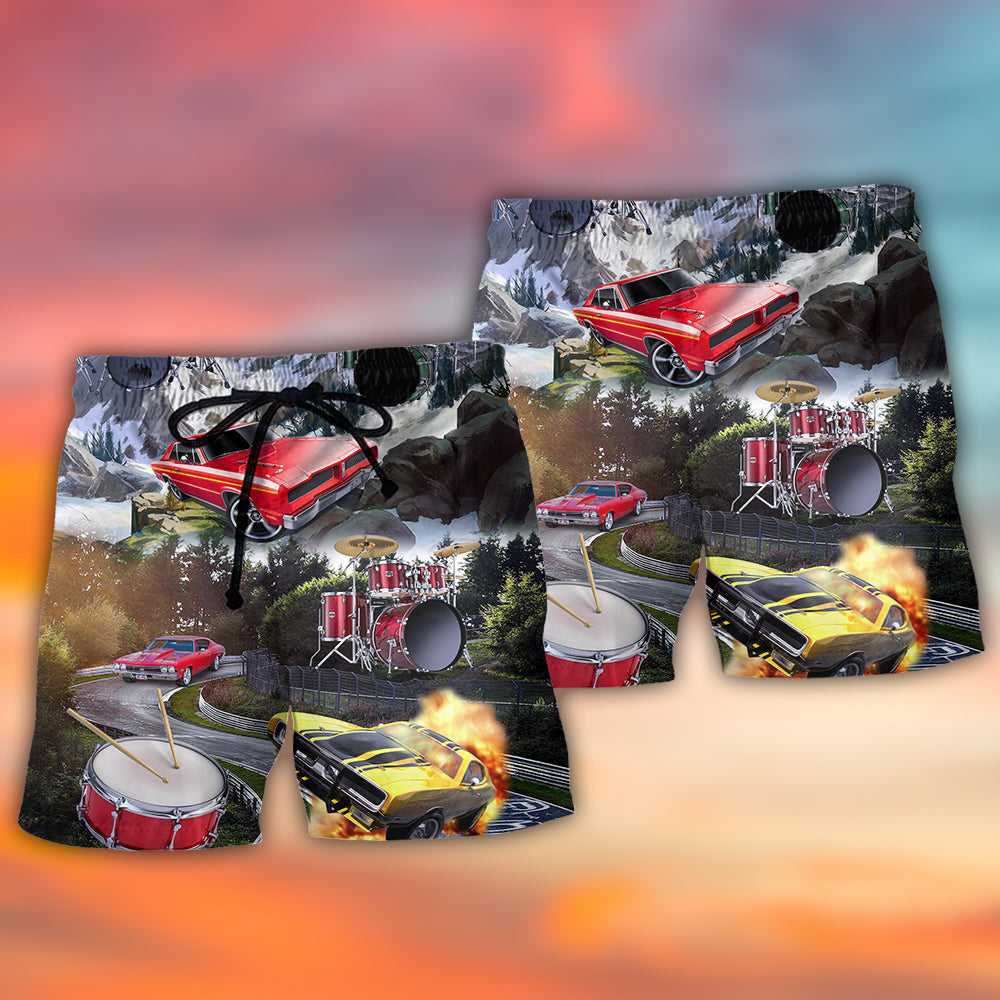 Car Muscle Car And Drum Racing Music Lover - Beach Short - Owls Matrix LTD