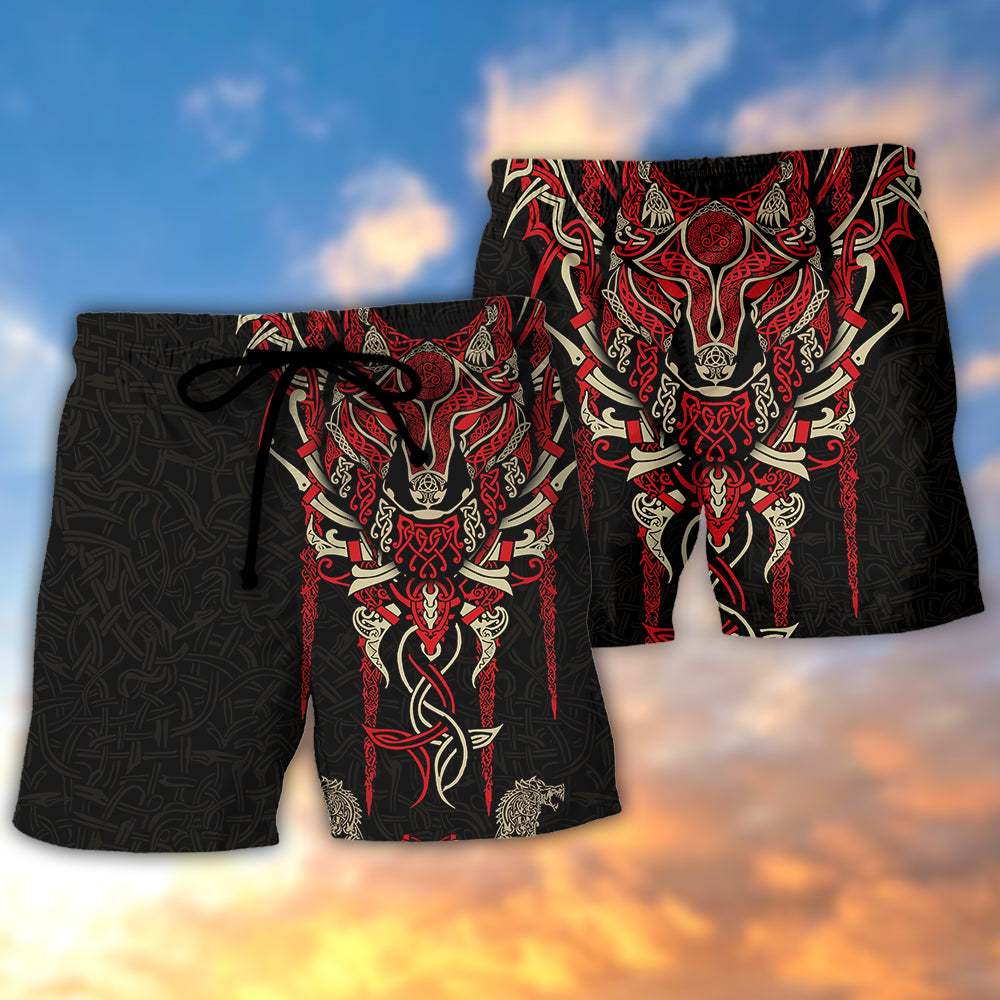 Viking Fenrir Wolf Head Norse Celtic - Beach Short - Owls Matrix LTD
