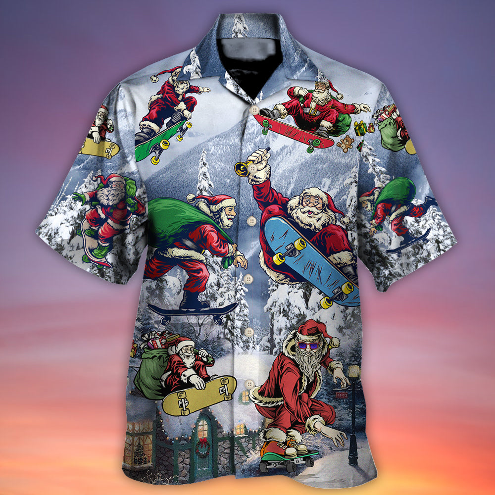 Santa Skateboarding On Snowy Mountain Neon Art - Hawaiian Shirt