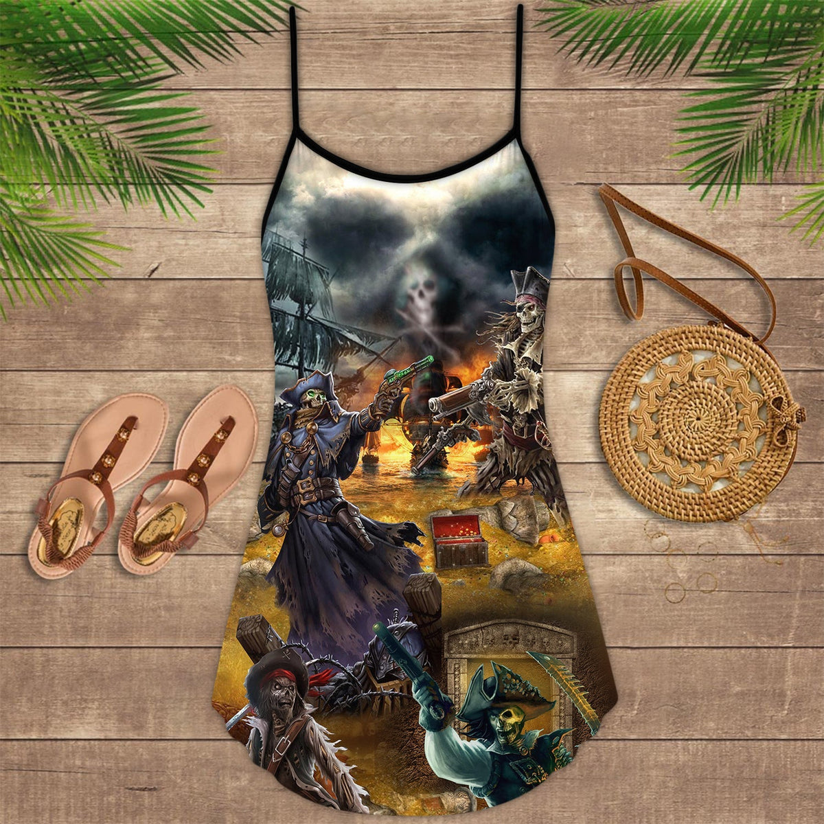 Skull Pirate Treasure Night – Women's Summer Sleeveless V-Neck Camisole Dress