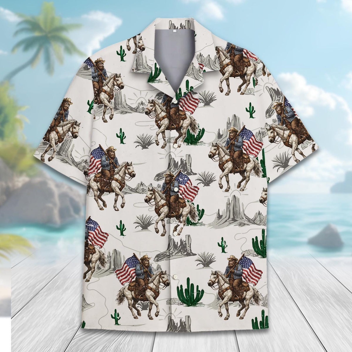 Bigfoot Cowboy Sasquatch USA Flag Western Rodeo – Hawaiian Shirt