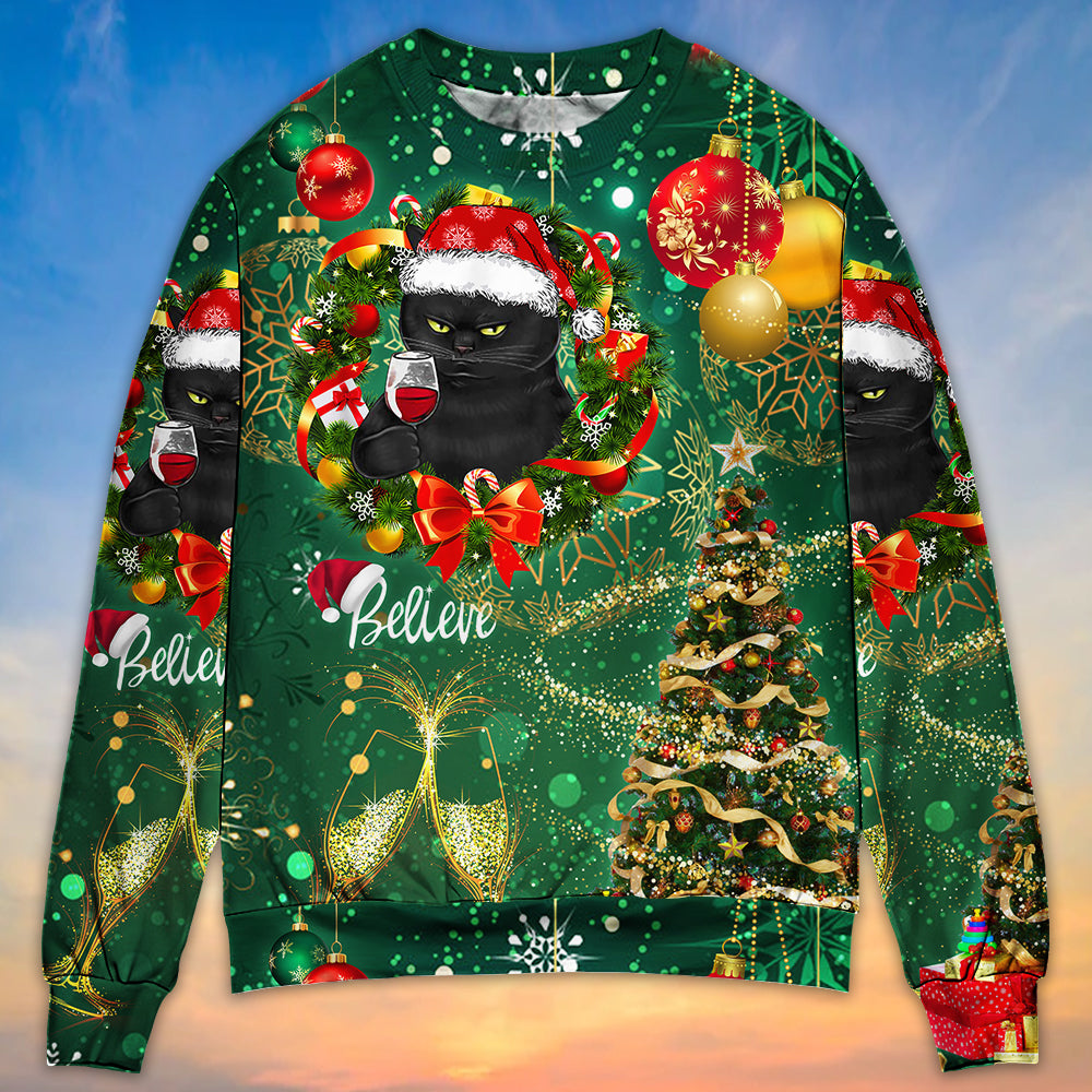 Christmas Black Cat Holiday Tree Glow – Sweater - Ugly Christmas Sweater