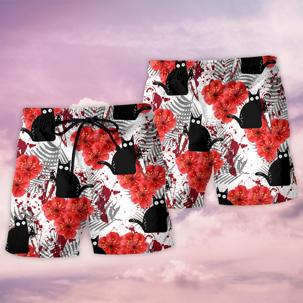 Black Cat With Red Stain Art – Beach Short