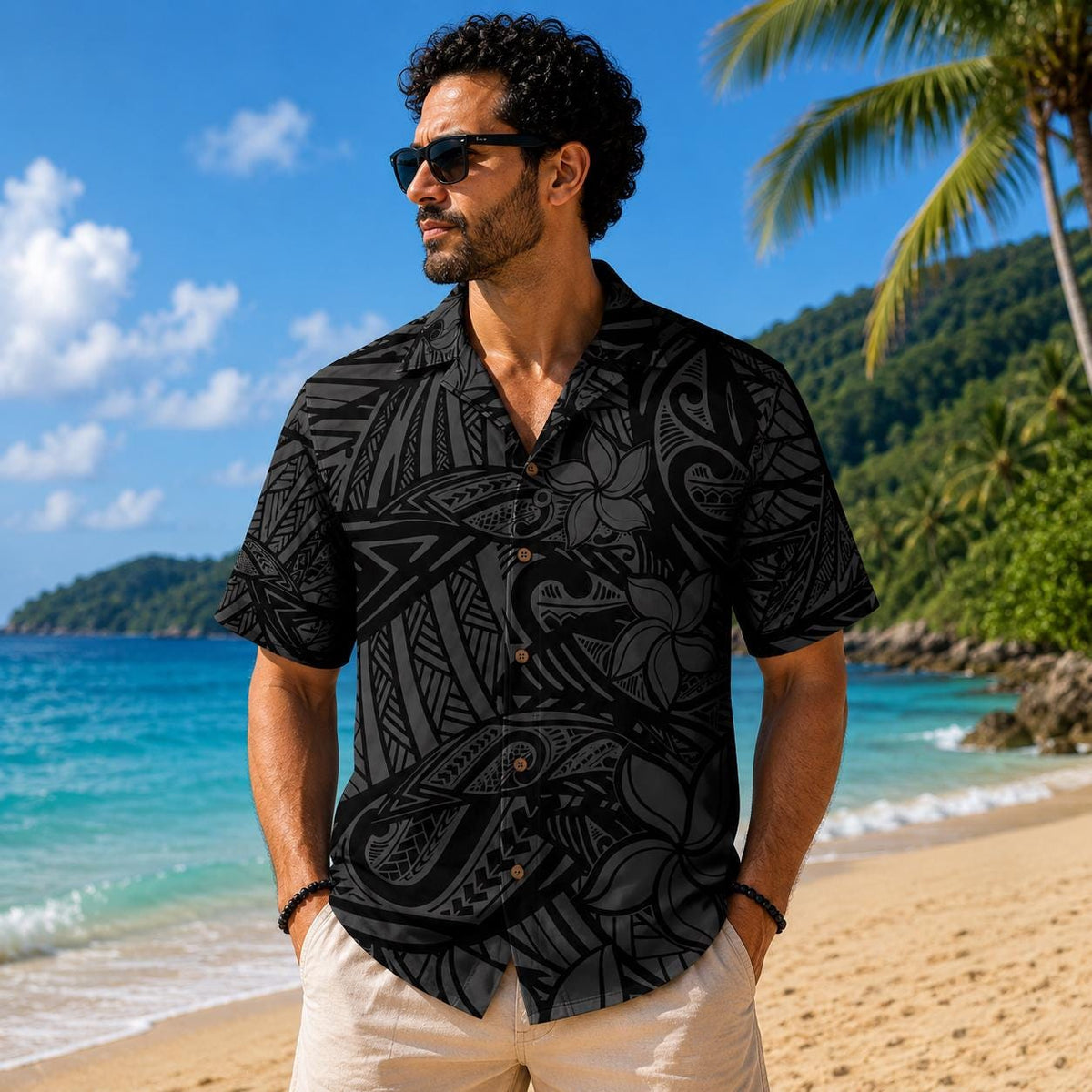 Black Polynesian Tribal Plumeria Tropical Island – Hawaiian Shirt