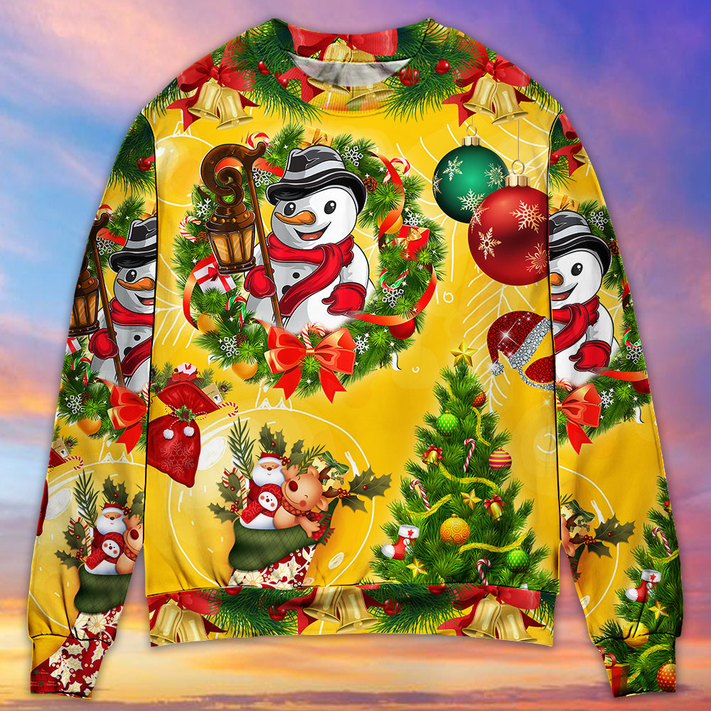 Christmas Funny Snowman Tree Yellow Glow – Sweater - Ugly Christmas Sweater