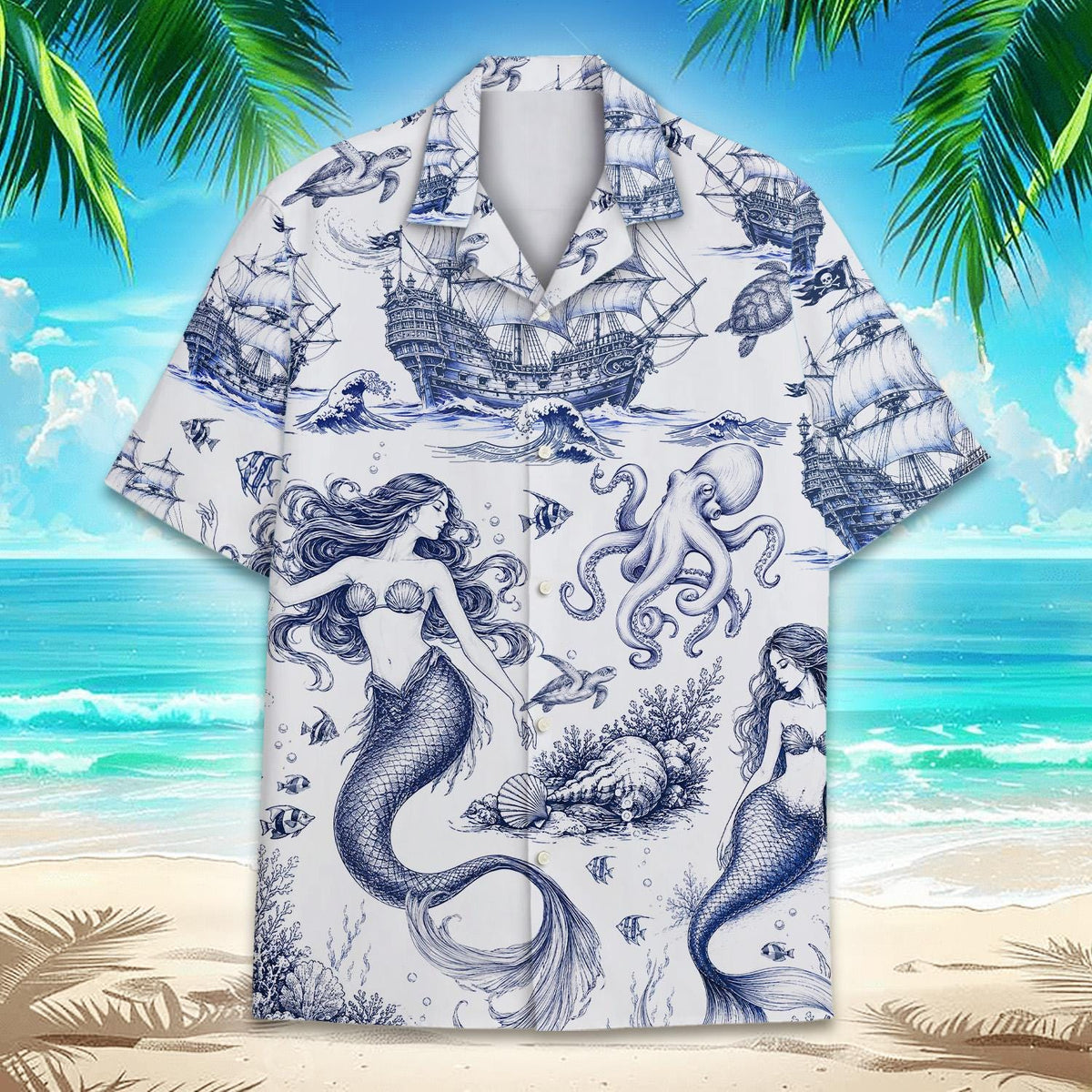 Vintage Mermaid Pirate Ship Octopus Ocean – Hawaiian Shirt